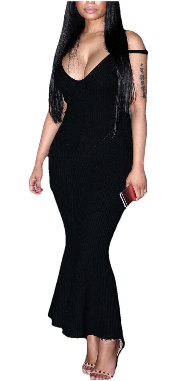NICKI MINAJ Woman Clasic V-neck Spaghetti Straps dress Black Size XXL A000660